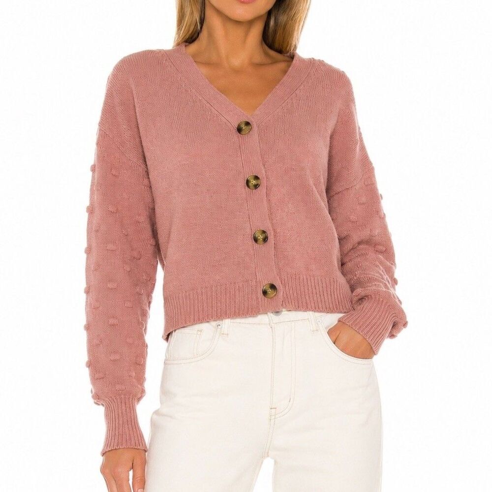 Moon & Madison Pink Textured Dot Sleeve Crop Cardigan Sweater L Chunky V-Neck